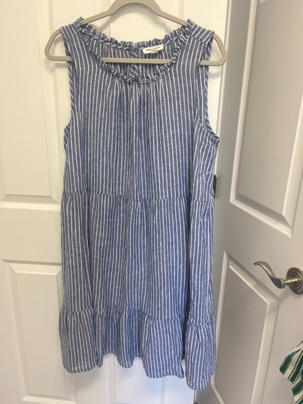 beachlunchlounge Blue and White Vertical Stripe Ruffle Neck Midi Dress
